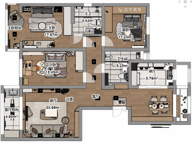 朱彦｜凯悦天琴2-3-1106-140㎡-现代简约风格｜3室2厅2卫｜老房改造｜定制家｜全包18万｜00_03平面彩图